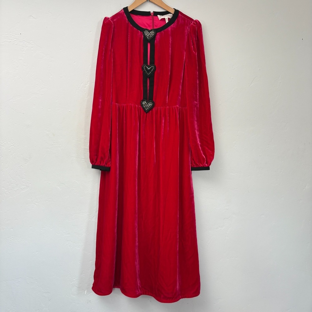 Saloni Camille Heart Embellished Velvet Dress Women Size 12 Magenta Pink Black